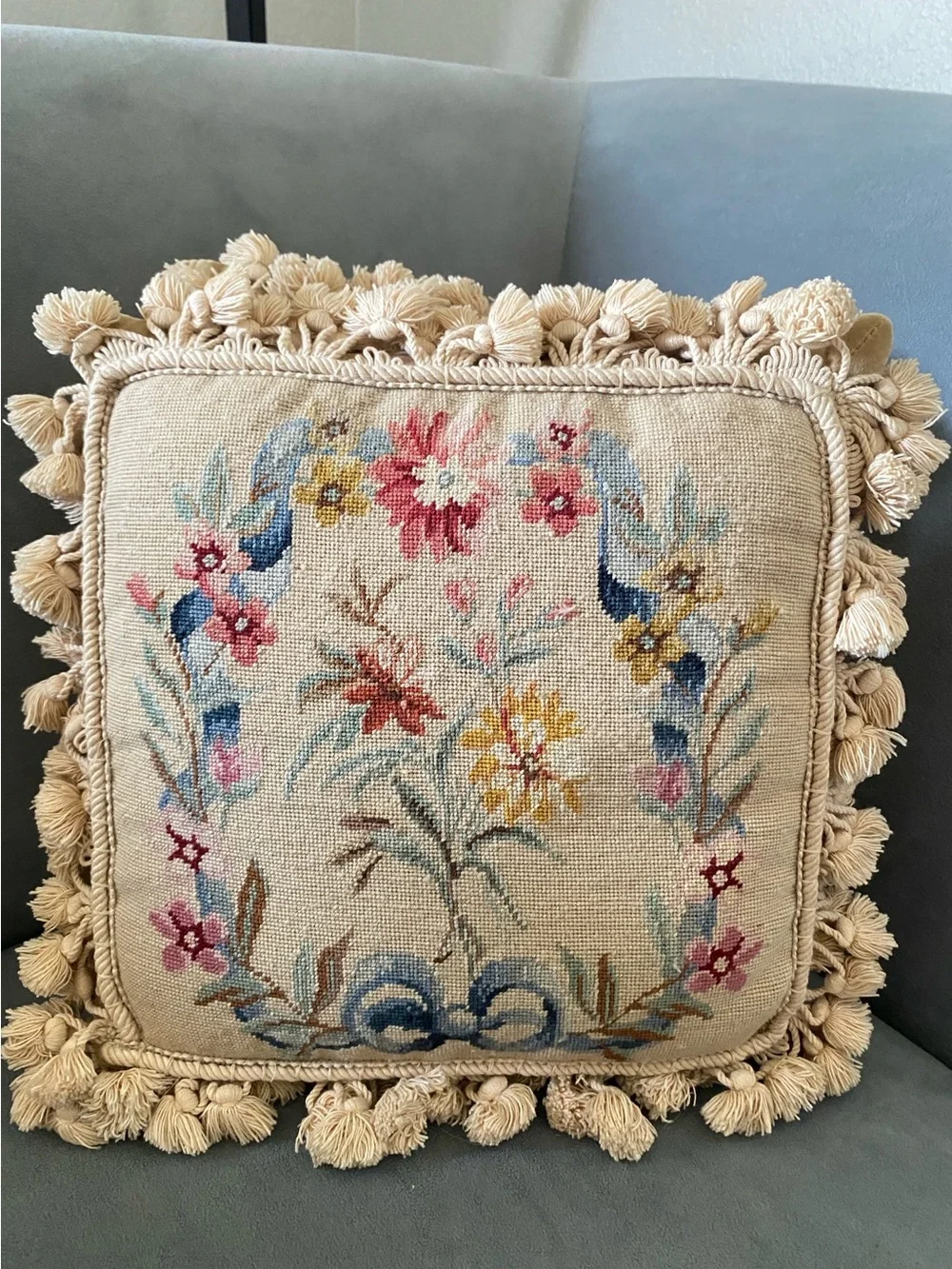 Vintage Needlepoint Throw Pillows – Set of 2 – Feather/Down Filled – 14” x 14”